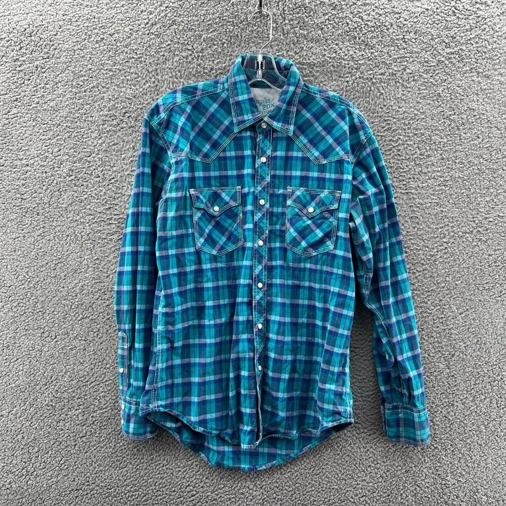 Wrangler 20X Competition Pearl Snap Shirt Mens M Long Sleeve Blue Plaid Cowboy